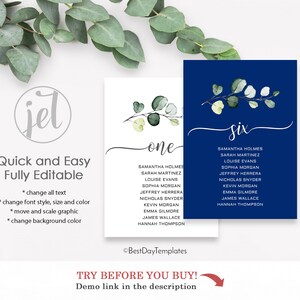 May include: Two blue and white printable table number cards with a eucalyptus branch design. The cards are labelled "one" and "six" and list names for each table. The text "Quick and Easy Fully Editable" is at the top of the image.