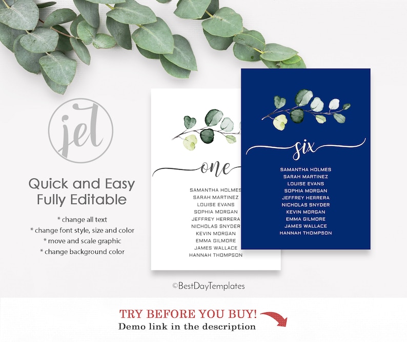 May include: Two blue and white printable table number cards with a eucalyptus branch design. The cards are labelled "one" and "six" and list names for each table. The text "Quick and Easy Fully Editable" is at the top of the image.
