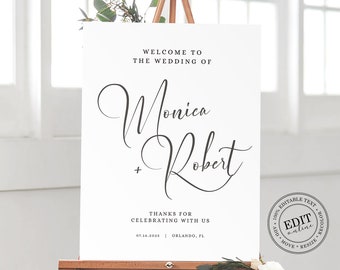 May include: White wedding welcome sign with black calligraphy text that reads "Welcome to the wedding of Monica + Robert". The sign also includes the date "07.16.2025" and location "Orlando, FL".