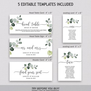 May include: Five editable wedding templates featuring a watercolour eucalyptus design. The templates include a head table card, head table sign, header card, and two seating cards. The text on the cards includes the words "head table", "bride & groom", "mr and mrs", "find your seat", "one", and "two".