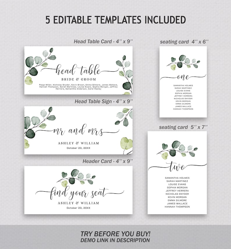 May include: Five editable wedding templates featuring a watercolour eucalyptus design. The templates include a head table card, head table sign, header card, and two seating cards. The text on the cards includes the words "head table", "bride & groom", "mr and mrs", "find your seat", "one", and "two".