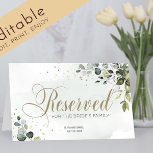 Eucalyptus Reserved Sign With Gold Calligraphy, Editable Wedding Reserved Table Sign, Printable Wedding Reserved Template, 5.5" by 8.5"