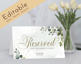 Eucalyptus Reserved Sign With Gold Calligraphy, Editable Wedding Reserved Table Sign, Printable Wedding Reserved Template, 5.5" by 8.5"