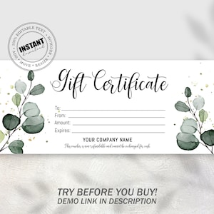 Boho Greenery Geschenkgutscheinvorlage, bearbeitbare Geschenkkarte, druckbare Weihnachtsgeschenkkarten, Geschenkgutscheinvorlage
