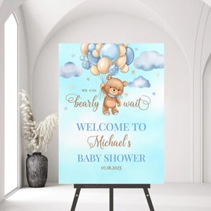 Editable Brown Bear Balloon Baby Shower Welcome Sign, Blue Boy Boho Bear Baby Shower Decor, We Can Bearly Wait Baby Shower Poster Template
