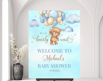 Editable Brown Bear Balloon Baby Shower Welcome Sign, Blue Boy Boho Bear Baby Shower Decor, We Can Bearly Wait Baby Shower Poster Template