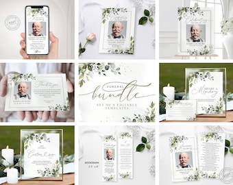 Greenery Funeral Bundle Set, In Loving Memory Suite, Memorial Pack, Celebration of Life Templates,  Editable & Printable Funeral Templates