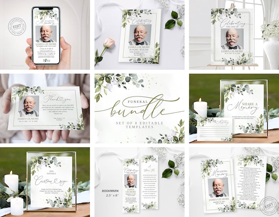 Greenery Funeral Bundle Set, In Loving Memory Suite, Memorial Pack, Celebration of Life Templates,  Editable & Printable Funeral Templates