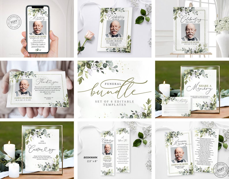Peut inclure: Un ensemble de 8 mod&egrave;les de fun&eacute;railles modifiables avec un design floral vert et blanc. Les mod&egrave;les comprennent un marque-page, une carte de remerciement, une carte comm&eacute;morative, une carte pour partager un souvenir, un fond d'&eacute;cran de t&eacute;l&eacute;phone, une pancarte et un programme. Les mod&egrave;les sont personnalisables et peuvent &ecirc;tre utilis&eacute;s pour cr&eacute;er un m&eacute;morial personnalis&eacute; pour un &ecirc;tre cher.