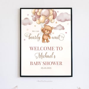 Letrero de bienvenida para baby shower con diseño de oso neutro para imprimir, decoraciones para baby shower con diseño de oso bohemio marrón, póster para baby shower con el texto "We Can Bearly Wait"