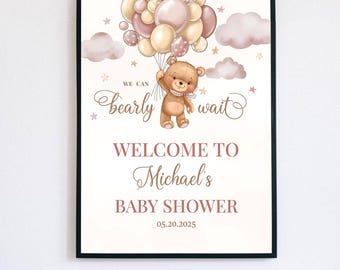 Gender Neutral Bär-Babyparty-Willkommensschild, braunes Boho-Bär-Babyparty-Dekoration, Wir können Bären-Babyparty-Dekor warten lassen