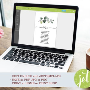 May include: A laptop screen displaying a wedding seating chart template with a green eucalyptus design. The template is titled "one" and lists names of guests. The text "EDIT ONLINE with JETTEMPLATE" is displayed below the laptop.