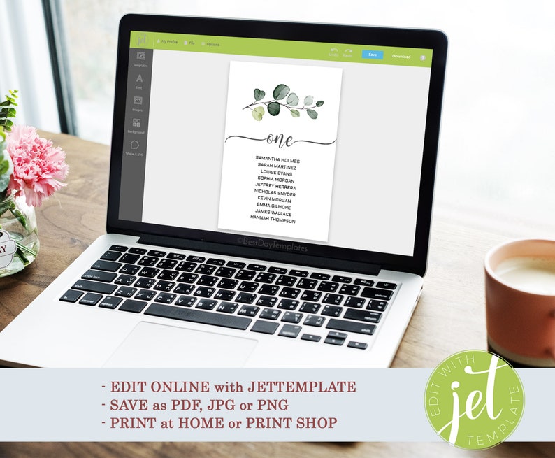 May include: A laptop screen displaying a wedding seating chart template with a green eucalyptus design. The template is titled "one" and lists names of guests. The text "EDIT ONLINE with JETTEMPLATE" is displayed below the laptop.