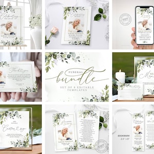 Greenery Funeral Bundle Set, In Loving Memory Suite, Memorial Pack, Celebration of Life Templates,  Editable & Printable Funeral Templates