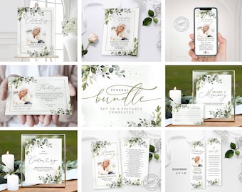 Greenery Funeral Bundle Set, In Loving Memory Suite, Memorial Pack, Celebration of Life Templates,  Editable & Printable Funeral Templates