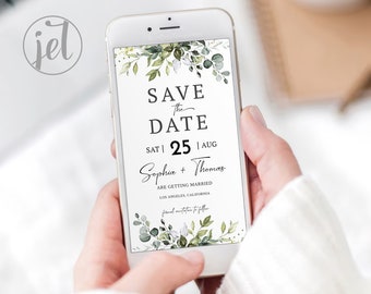 Invito elettronico per matrimonio Save the Date, modello di invito Save The Date Greenery, modello di matrimonio modificabile Eucalipto, DOWNLOAD DIGITALE