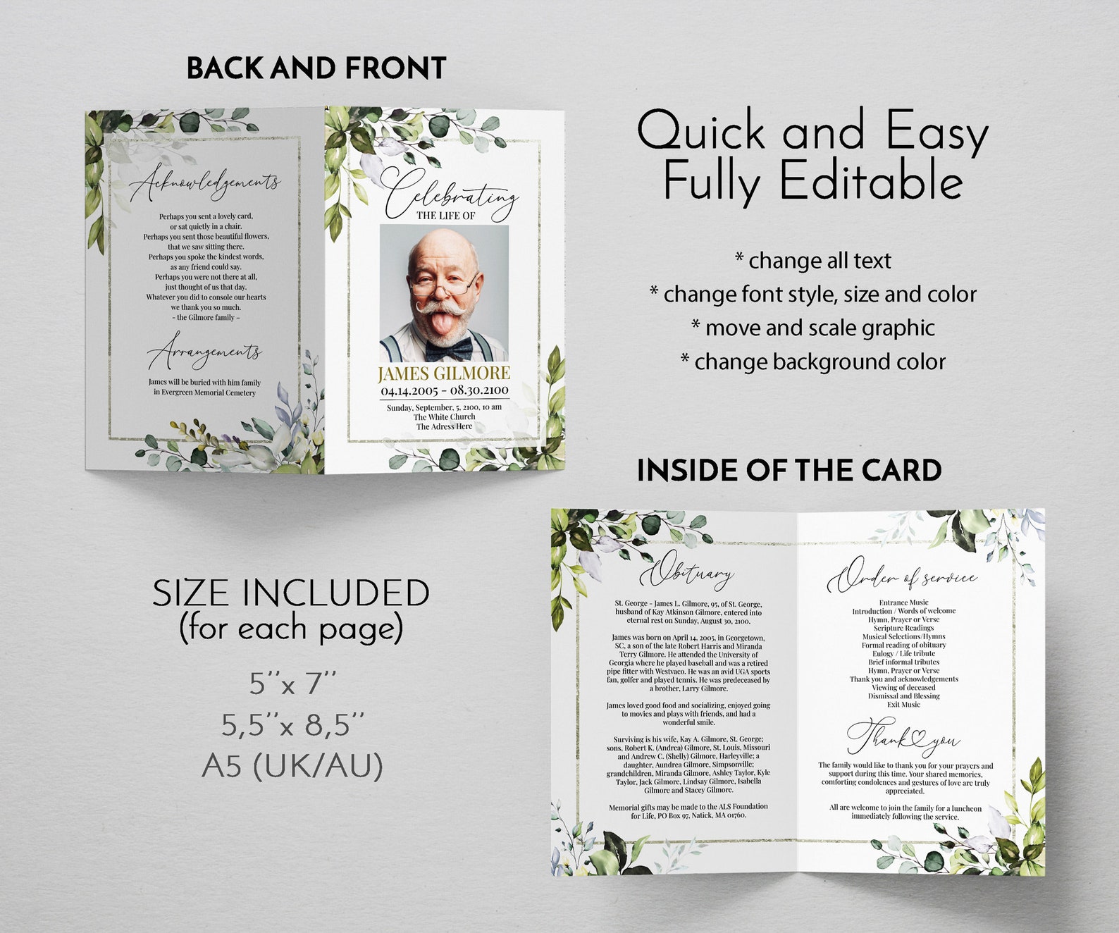 Greenery Funeral Program Template With Eucalyptus Leaves Etsy