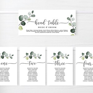 May include: Wedding table seating chart with eucalyptus greenery and calligraphy. The top table is labelled "Head Table Bride & Groom" with a list of names. The other tables are numbered one to four with a list of names for each table.