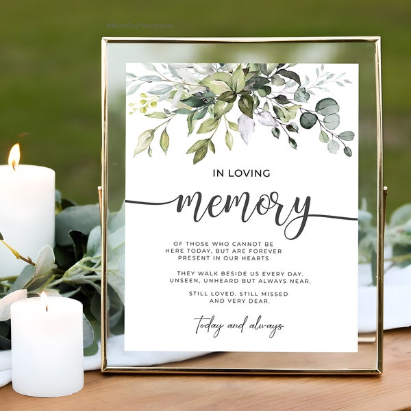 In Loving Memory Sign, Eucalyptus Wedding Memorial Sign, Groen Bruiloft Decoratie Receptie Teken, Afdrukbaar In Loving Memory Sign
