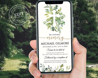 Electronic Funeral Evite with Greenery Cross and leaves, funeral announcement digital Invitation for Smartphones, In Loving Memory invites
