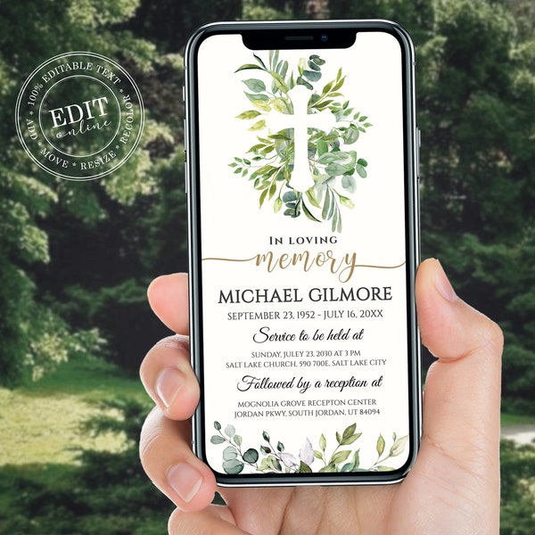 Electronic Funeral Evite with Greenery Cross and leaves, funeral announcement digital Invitation for Smartphones, In Loving Memory invites
