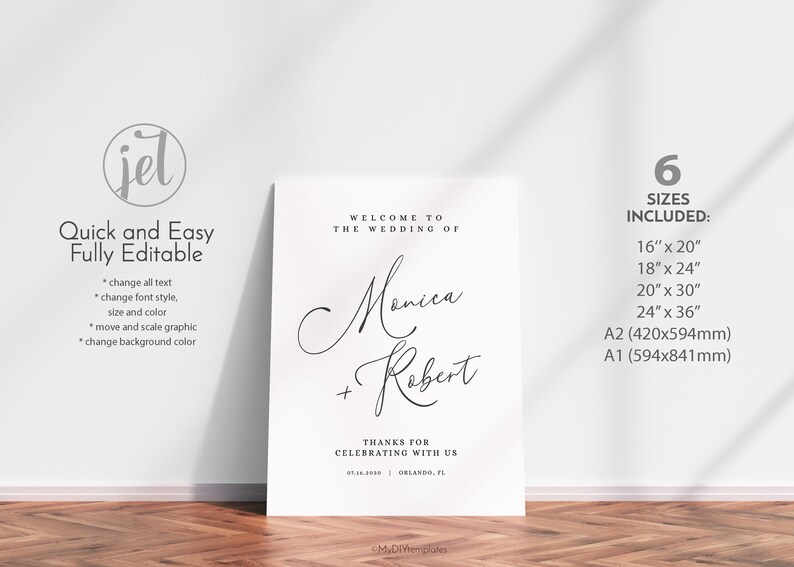 May include: A white wedding welcome sign with black text that reads "Welcome to the wedding of Monica + Robert" with the date "07.14.2030" and location "Orlando, FL". The sign also includes the text "Thanks for celebrating with us".