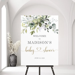Editable Gender Neutral Baby Shower Welcome Sign Template, Greenery Gold shower decorations, Baby Boy Girl Shower, Baby Shower Poster, Party