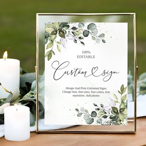 Peut inclure: Une pancarte dor&eacute;e avec un fond blanc et un feuillage aquarelle vert. Le texte sur la pancarte indique "100% Editable Custom & Sign" et "Design And Print Unlimited Signs Change font, font sizes, font colors, font reposition. Add photos".