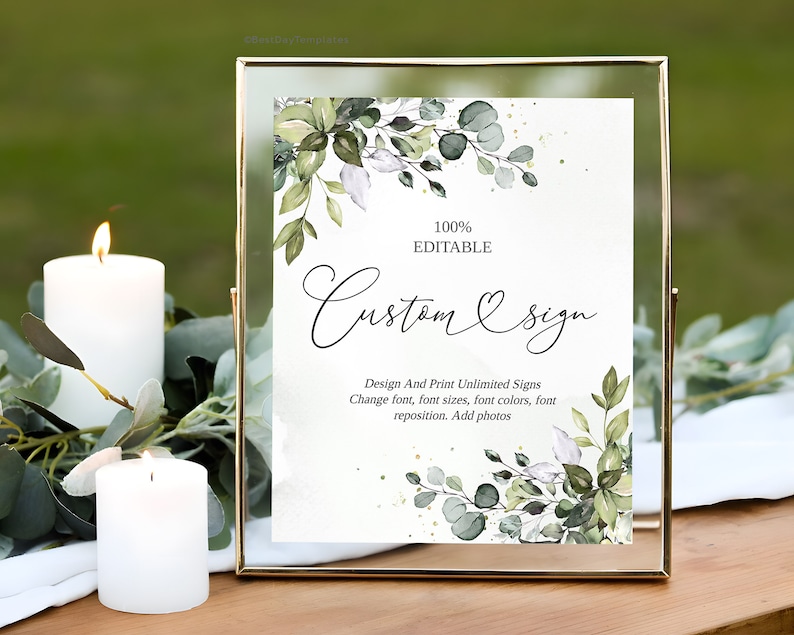 Peut inclure: Une pancarte dor&eacute;e avec un fond blanc et un feuillage aquarelle vert. Le texte sur la pancarte indique "100% Editable Custom & Sign" et "Design And Print Unlimited Signs Change font, font sizes, font colors, font reposition. Add photos".