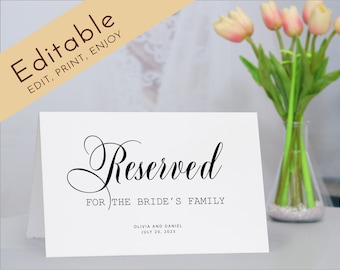 Reserved Sign With Calligraphy, Reserved Wedding Table Sign, Printable Wedding Reserved Template, 5.5 by 8.5", Editable PDF INSTANT DOWNLOAD