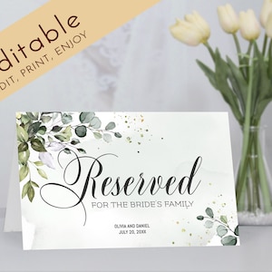 Eucalyptus Reserved Sign With Calligraphy, Reserved Wedding Table Sign, Printable Wedding Reserved Template, 5.5" by 8.5", INSTANT DOWNLOAD