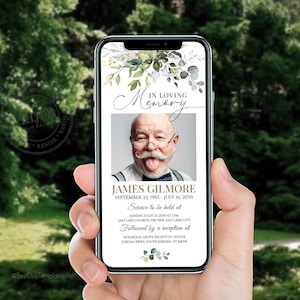 Peut inclure: Une carte de deuil num&eacute;rique avec une photo d'un homme avec une moustache et des lunettes. La carte a un motif floral vert et le texte "In Loving Memory" en haut. Le texte "James Gilmore" est sous la photo, suivi des dates "September 23, 1952 - July 16, 2030". La carte comprend &eacute;galement des informations sur un service et une r&eacute;ception.
