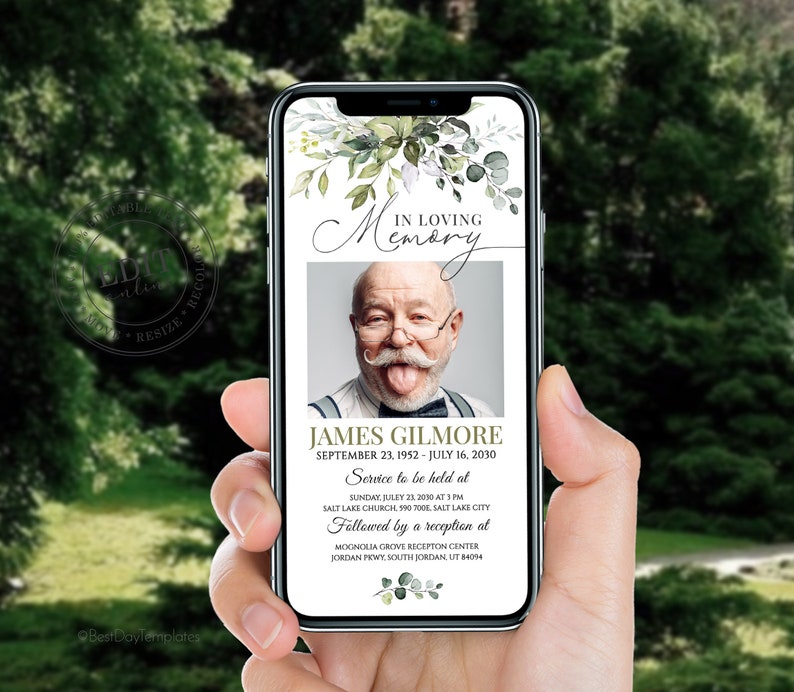 Peut inclure: Une carte de deuil num&eacute;rique avec une photo d'un homme avec une moustache et des lunettes. La carte a un motif floral vert et le texte "In Loving Memory" en haut. Le texte "James Gilmore" est sous la photo, suivi des dates "September 23, 1952 - July 16, 2030". La carte comprend &eacute;galement des informations sur un service et une r&eacute;ception.