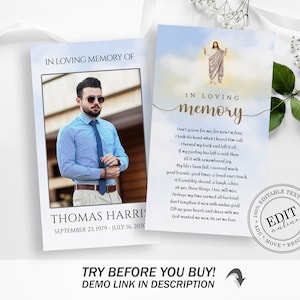Editable Funeral Prayer Card Template, Printable Memorial Prayer Card, In Loving Memory, Catholic Mass Card, Prayer Card 2"x3.5" & 3"x5"