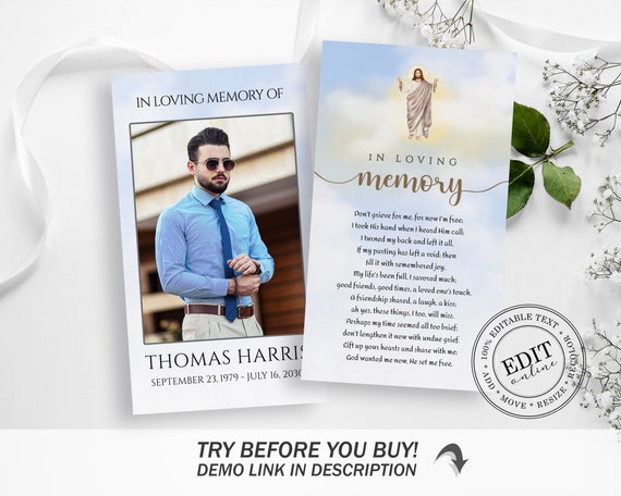 Editable Funeral Prayer Card Template Printable Memorial | Etsy