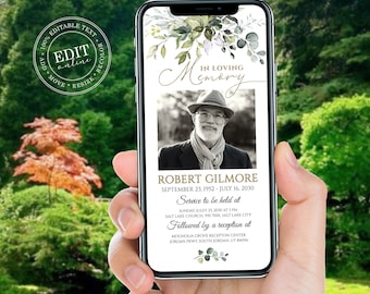 Invitation électronique funéraire avec feuillage vert, annonce de décès numérique pour smartphones, invitations « En souvenir de » personnalisables