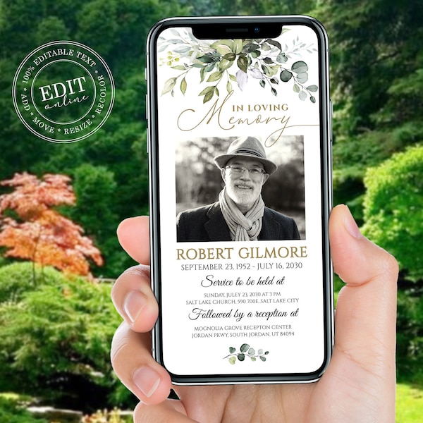 Electronic Funeral Evite with greenery leaves, funeral announcement digital Invitation for Smartphones, In Loving Memory invites Editable