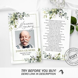 Peut inclure: Une carte comm&eacute;morative imprimable avec un motif floral vert et une photo d'un homme. La carte comprend le texte "En souvenir affectueux" et "James Gilmore" avec les dates. Le texte "Quand demain commence sans moi..." est inclus sur la carte.