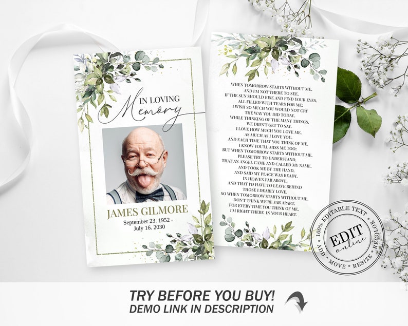 Peut inclure: Une carte comm&eacute;morative imprimable avec un motif floral vert et une photo d'un homme. La carte comprend le texte "En souvenir affectueux" et "James Gilmore" avec les dates. Le texte "Quand demain commence sans moi..." est inclus sur la carte.