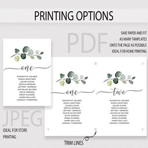 May include: Printable wedding table number cards featuring a green watercolour eucalyptus branch design. The cards are labelled "one" and "two" and include a list of names. The text "PDF" and "JPEG" are displayed with descriptions of the file types.