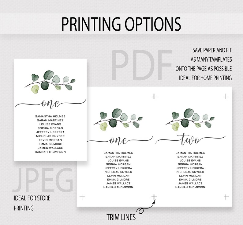 May include: Printable wedding table number cards featuring a green watercolour eucalyptus branch design. The cards are labelled "one" and "two" and include a list of names. The text "PDF" and "JPEG" are displayed with descriptions of the file types.