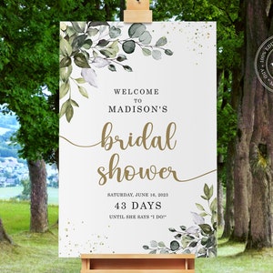 Bridal Shower Welcome Sign Template, Brunch Poster, Welcome Poster, Greenery Gold shower decorations, Party, Reception, Instant Download