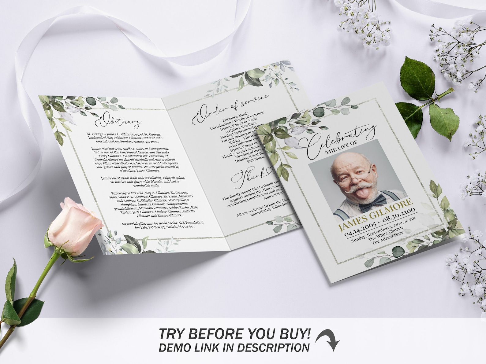 Greenery Funeral Program Template With Eucalyptus Leaves Etsy Australia