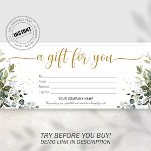 Greenery Gift Card with gold calligraphy, Editable Gift Card Design for you, Printable Holiday Gift Cards, Gift Voucher Template