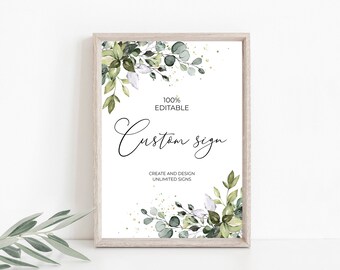 Editable Custom Wedding Sign Template, Eucalyptus Bridal Shower Sign, Printable, Unlimited Create Any Sign, INSTANT DOWNLOAD, 5 sizes, DIY