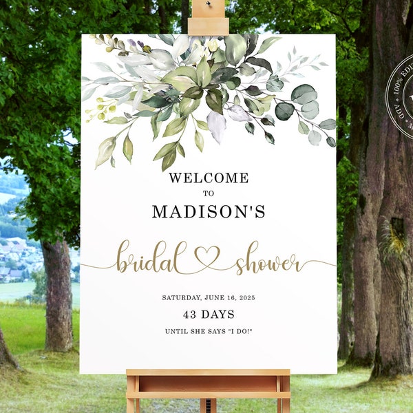 Greenery Bridal Shower Welcome Sign Template with Gold Calligraphy, Brunch Poster, Welcome Poster, shower decorations, Party, Reception