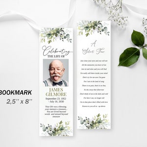 Peut inclure: Un marque-page avec un motif floral aquarelle. Le marque-page pr&eacute;sente une photo d'un homme avec une moustache et une citation sur le souvenir de quelqu'un qui est d&eacute;c&eacute;d&eacute;. Le texte dit "Celebrating the Life of James Gilmore September 23, 1952 - July 16, 2030 Your life was a blessing, your memory a treasure... You are loved beyond words and missed beyond measure". L'autre c&ocirc;t&eacute; du marque-page pr&eacute;sente un po&egrave;me intitul&eacute; "A Silent Tear".