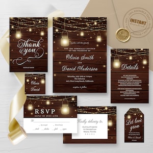 Rustic Wedding Invitation Template, Country Wedding Template, Mason Jar Invite, String Light invite, boho wood invitation, Instant Download