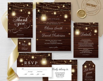 Rustic Wedding Invitation Template, Country Wedding Template, Mason Jar Invite, String Light invite, boho wood invitation, Instant Download