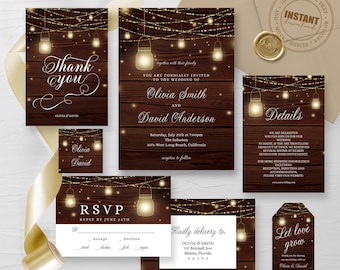 Rustic Wedding Invitation Template, Country Wedding Template, Mason Jar Invite, String Light invite, boho wood invitation, Instant Download